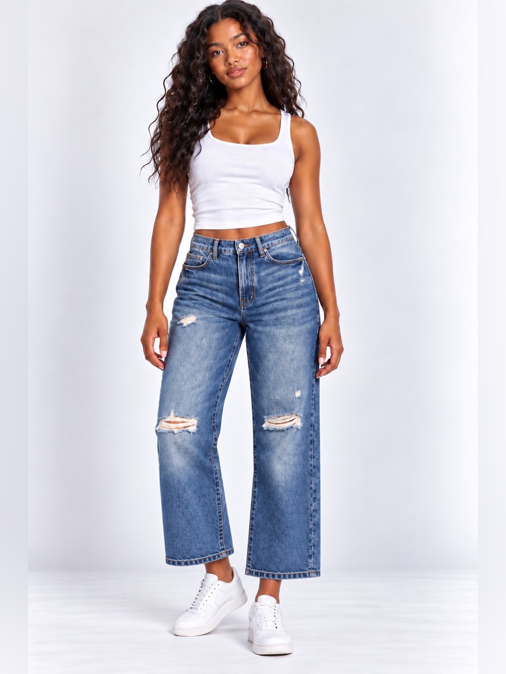 Ana HIGHEST RISE VINTAGE STRAIGHT blue ankle Jeans distress button fly cotton 10
